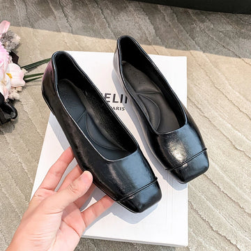 Xajzpa New Women's Genuine Leather Shoes Woman Square Toe Slip-on Loafers Casual Comfort Walk Shoes For Women Daily Outdoors Flat Shoes